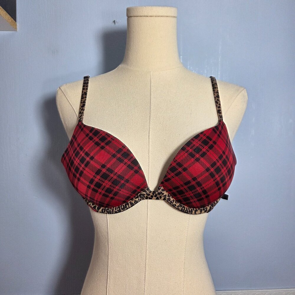 Victoria's Secret 34B Animal Print Red Plaid Criss Cross Strappy Push Up Bra